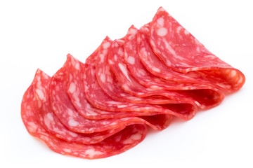 Salami smoked sausage slices isolated on white background cutout.
