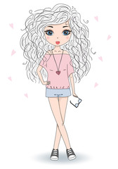 Hand drawn cute fashion cartoon girl. Vector illustration.