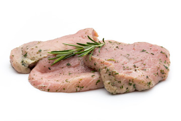 Steak with spices isolated on white background.