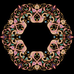 Vector ornamental round lace with damask and arabesque elements. Mehndi style. Orient traditional ornament. Zentangle-like round colored floral ornament.