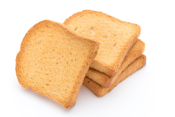 Slices of toast bread on wooden table, top view.