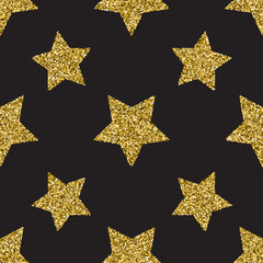 Seamless pattern with gold glitter textured stars on the dark background.