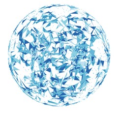 Abstract vector polygonal cyber sphere. Triangle spherical mesh background. Futuristic 3D illuminated distorted sphere of glowing particles and polygons. Digital splash. UI or HUD element.