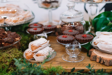 Delicious sweet cupcakes and candies, decorated in wedding style
