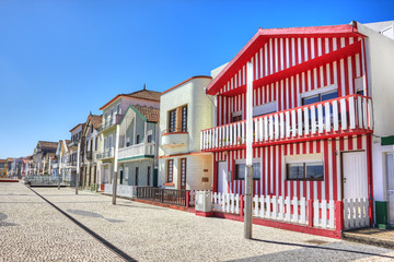Houses with colorful stripes in Costa Nova, Aveiro, Portugal