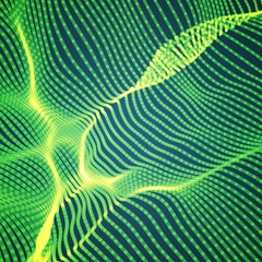 Abstract vector green wave mesh background. Point cloud array. Chaotic light waves. Technological cyberspace background. Cyber waves.