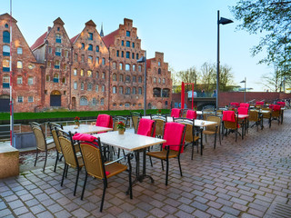 Summer restaurant at Trave river in the old town Lubeck