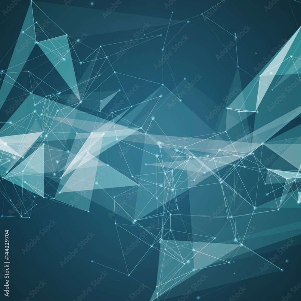 Poster abstract vector mesh background. chaotically connected points and polygons flying in space. flying d