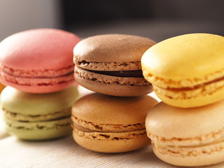 Macarons colorful sweet candy. Nice atmosphere, pastel colors, vintage card.