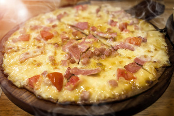 Home made pizza cheese and ham.
