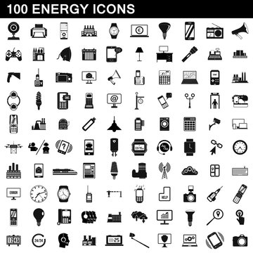 100 energy icons set, simple style