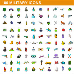 100 military icons set, cartoon style