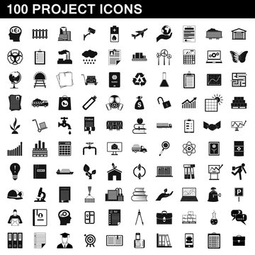 100 project icons set, simple style