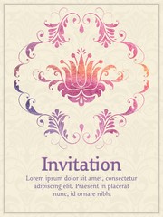 Vector invitation card with watercolor damask element on the light damask background. Arabesque style design. Elegant invitation or gift card.