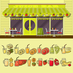 Juice bar and set of colorful food and drink fruit icons.