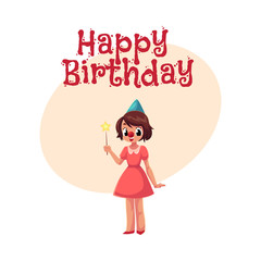 Happy birthday vector greeting card, poster, banner design with Girl, wearing clown red nose, cartoon vector illustration. Full length portrait of little girl, happy birthday greeting card template