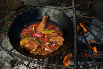 preparation of chicken meat at the stake