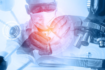 Double exposure of scientist,microscope and laboratory test tube , science research concept