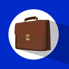 Business brown briefcase on a white background. Flat icon with briefcase on background with shadow