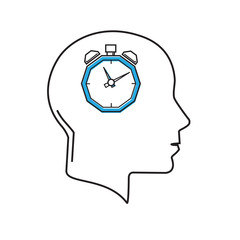 Deadline oriented thinking concept. Alarm clock inside human head line illustration