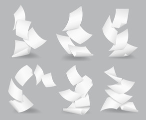 Document blank business, white page, design bureaucracy, object fly, vector illustration. Flying paper sheets.