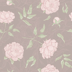 Vector pastel seamless pattern of flowers. Blooming peony with an open and a closed bud, leaves and twigs. Graphic illustration for wallpaper or textile