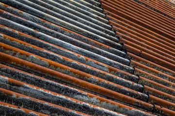 The old and rusty iron roof of a building
