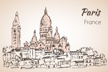Naklejka premium Paris cityspace. Basilique du Sacre-Coeur on Montmartre. Sketch.