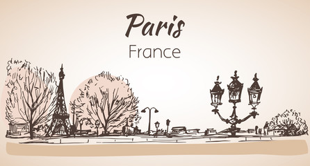 Paris horizontal cityspace. Sketch. Isolated on white background