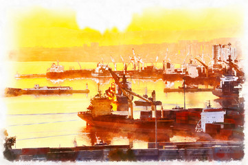 Colorful painting of Trade port