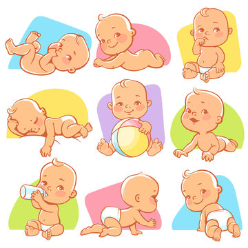 Cute little baby girl or boy in diaper. Child in different situations, sleeping, sitting, crawling, eating, playing with ball. Happy newborn. Toddler with bottle of milk. Vector illustration.