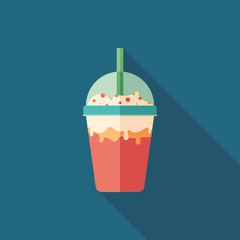 Strawberry and cream milkshake flat square icon with long shadows.