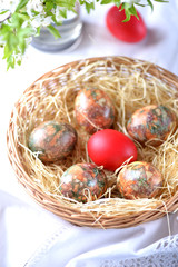 Easter colored marbled eggs. Painted with onion husks and natural green dye.