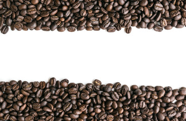 Coffee beans are arranged in a row image with copy space.