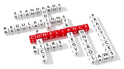 Crossword puzzle showing compliance keywords as dice