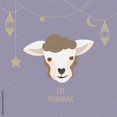 eid mubarak greeting card with sheep face or lamb head ramadan