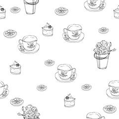Sketch a tea cap, lemon and rose on an isolated background. Hand drawn.