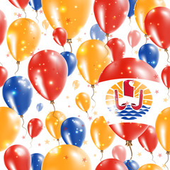 French Polynesia Independence Day Seamless Pattern. Flying Rubber Balloons in Colors of the French Polynesian Flag. Happy French Polynesia Day Patriotic Card with Balloons, Stars and Sparkles.