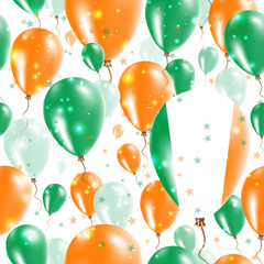 Ireland Independence Day Seamless Pattern. Flying Rubber Balloons in Colors of the Irish Flag. Happy Ireland Day Patriotic Card with Balloons, Stars and Sparkles.