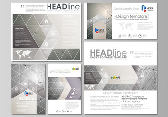 Social media posts set. Business templates. Abstract flat design template, vector layouts in popular formats. Chemistry pattern, molecule structure on gray background. Science and technology concept.