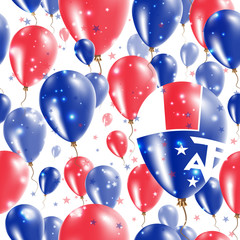 TAAF Independence Day Seamless Pattern. Flying Rubber Balloons in Colors of the French Flag. Happy TAAF Day Patriotic Card with Balloons, Stars and Sparkles.