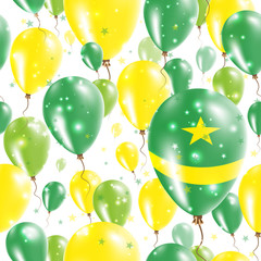 Mauritania Independence Day Seamless Pattern. Flying Rubber Balloons in Colors of the Mauritanian Flag. Happy Mauritania Day Patriotic Card with Balloons, Stars and Sparkles.