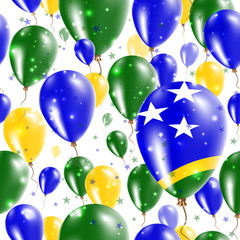 Solomon Islands Independence Day Seamless Pattern. Flying Rubber Balloons in Colors of the Solomon Islander Flag. Happy Solomon Islands Day Patriotic Card with Balloons, Stars and Sparkles.