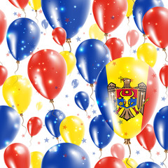 Moldova Independence Day Seamless Pattern. Flying Rubber Balloons in Colors of the Moldovan Flag. Happy Moldova Day Patriotic Card with Balloons, Stars and Sparkles.
