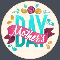 Stippling Mother day text with vintage ribbon and flowers. Happy mom day holiday sticker for gift tag and greeting card