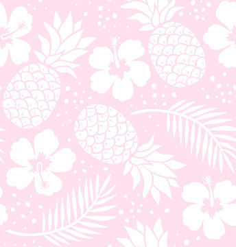 Seamless pineapple and hibiscus pattern. Pink.