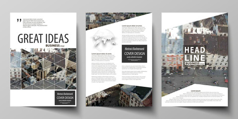 Business templates for brochure, magazine, flyer, report. Cover design template, abstract vector layout in A4 size. Colorful background made of dotted texture for travel business, urban cityscape.