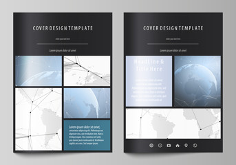 The black colored vector illustration of the editable layout of A4 format covers design templates for brochure, flyer, booklet. World globe on blue. Global network connections, lines and dots.