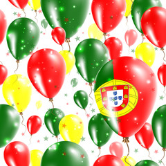 Portugal Independence Day Seamless Pattern. Flying Rubber Balloons in Colors of the Portuguese Flag. Happy Portugal Day Patriotic Card with Balloons, Stars and Sparkles.