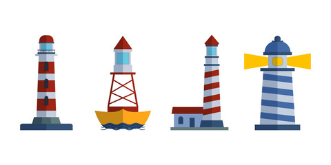 Fototapeta premium Cartoon flat lighthouse searchlight tower for maritime navigation guidance light vector illustration.